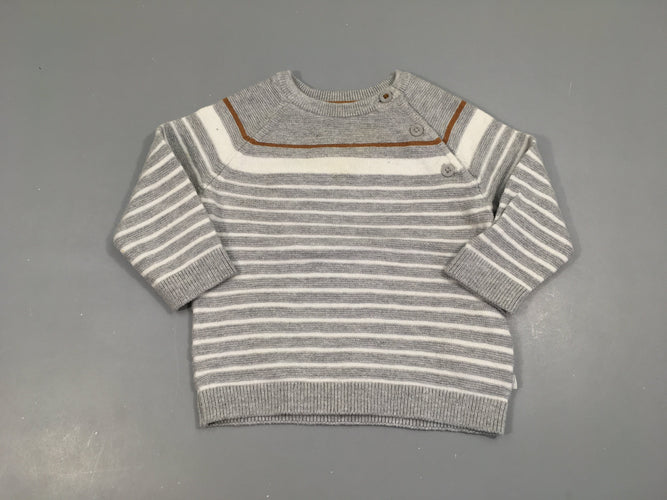 Pull gris rayé blanc/brun,10% laine, moins cher chez Petit Kiwi
