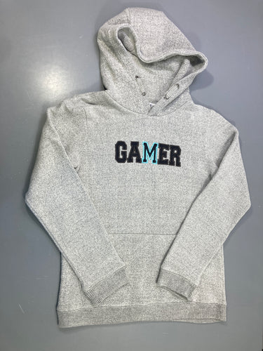 Sweat mailles capuche gris chiné patch Gamer, moins cher chez Petit Kiwi