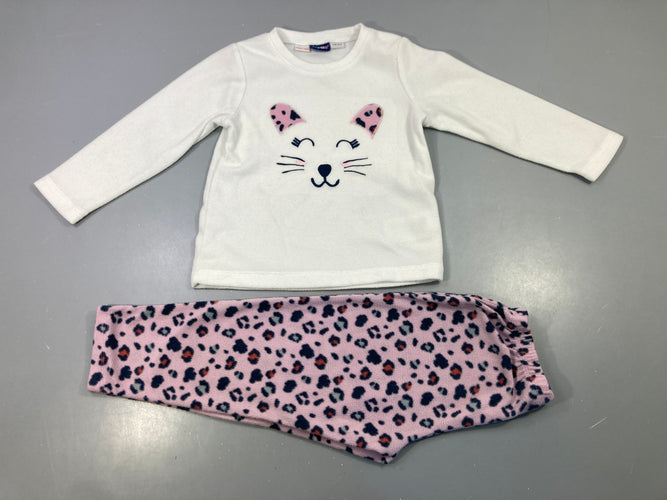 Pyjama 2pcs blanc chat, bas léopard rose, moins cher chez Petit Kiwi