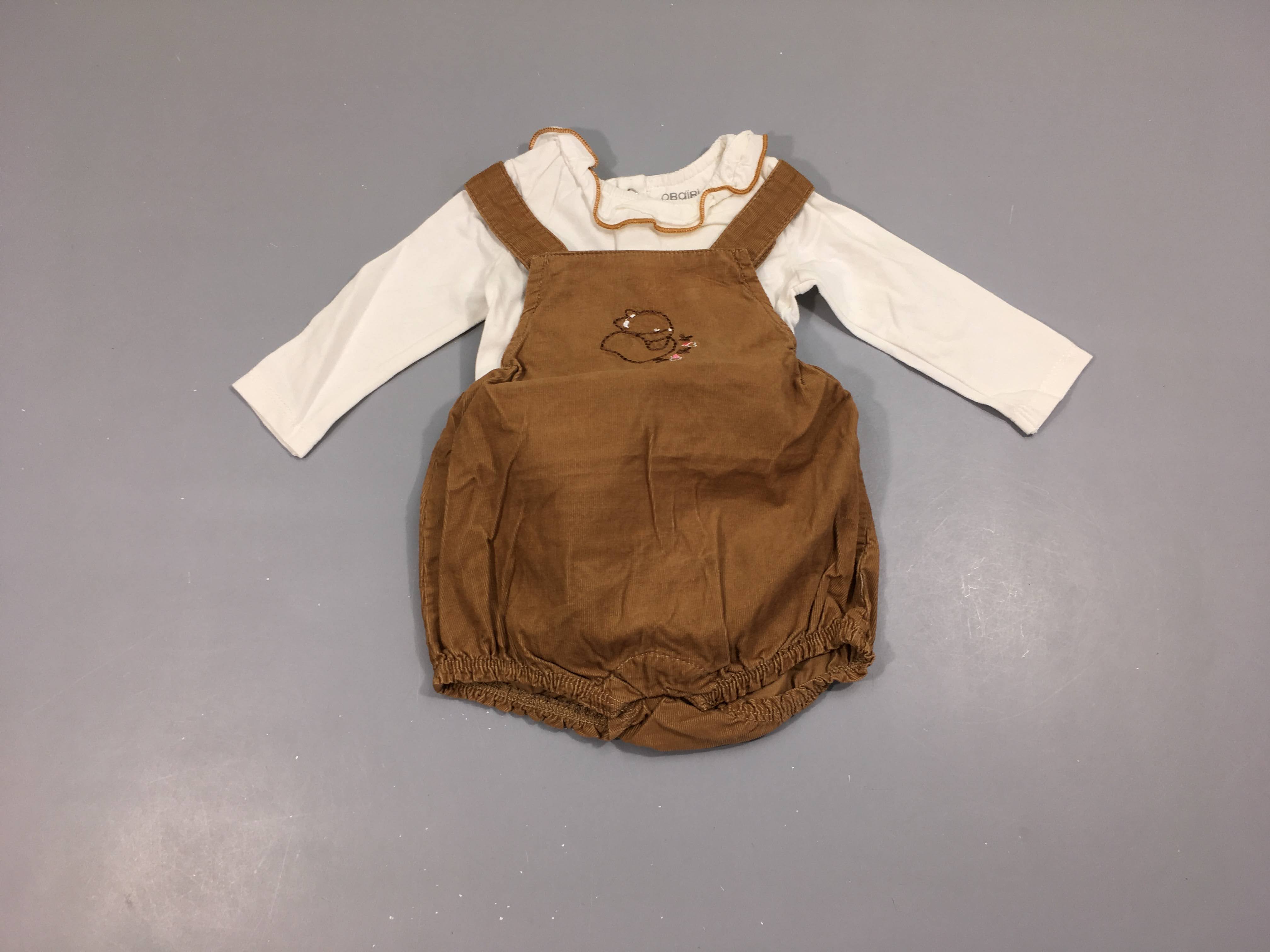 Salopette short velours côtelé brun + T-shirt m.l col