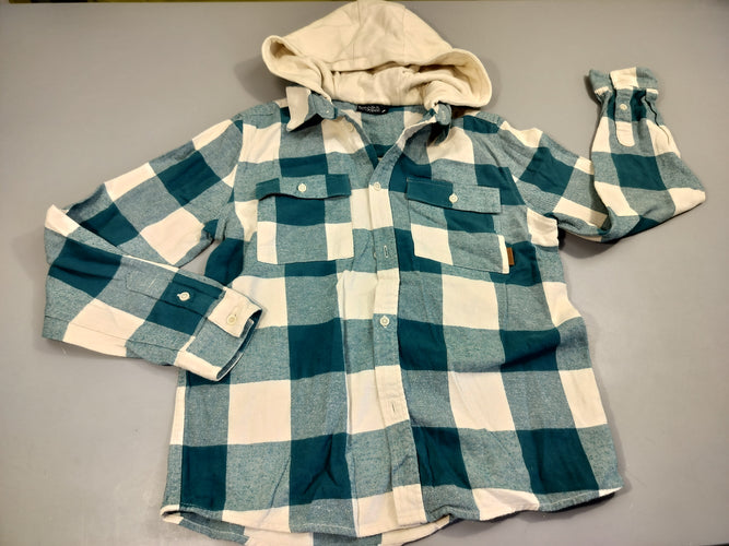 Chemise m.l à capuche en flanelle à carreaux bleu et blanc, moins cher chez Petit Kiwi