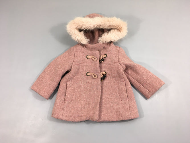 Manteau 45% laine vieux rose chiné à capuche fausse fourrure, boulochée, moins cher chez Petit Kiwi