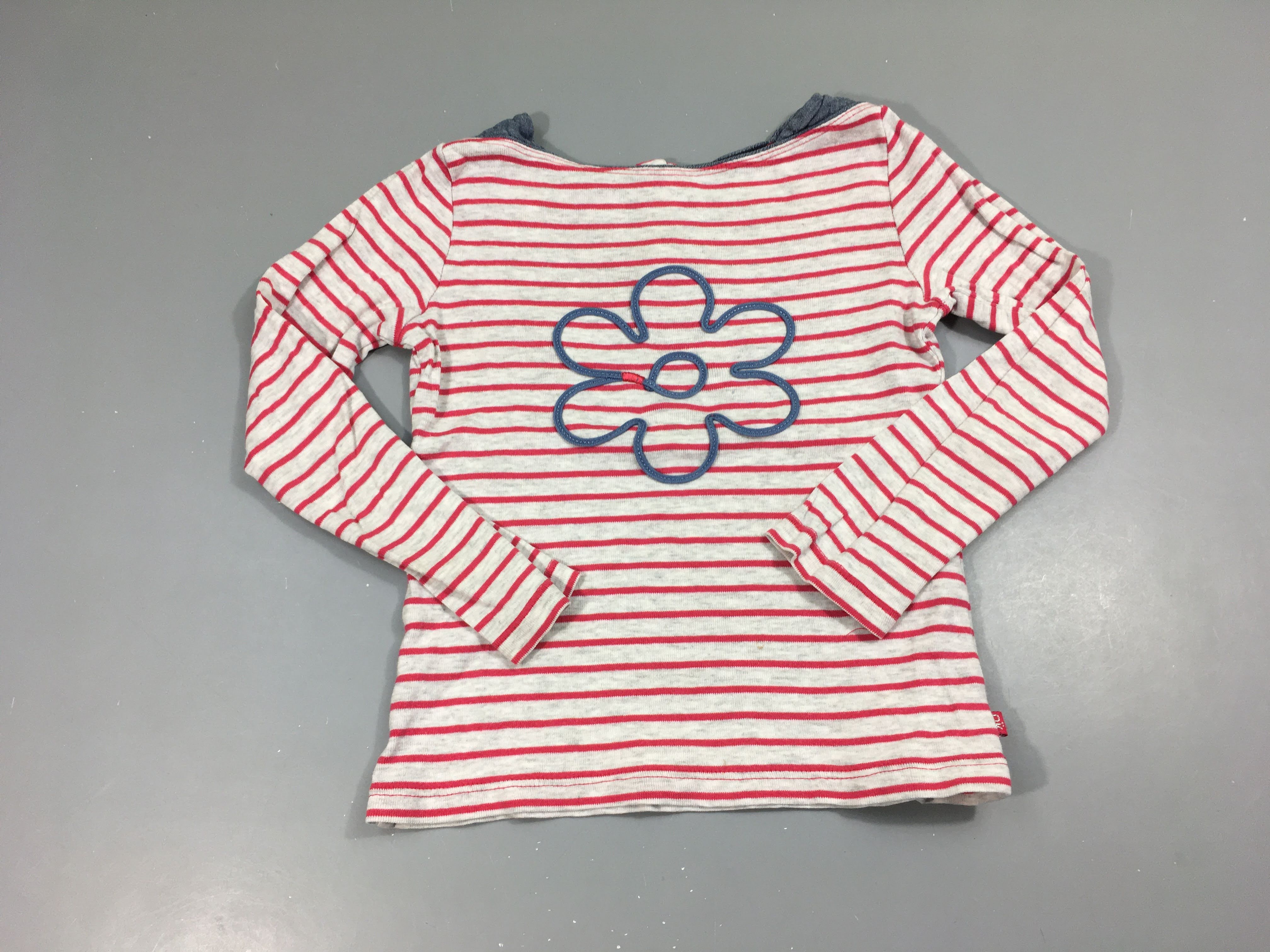 T-shirt m.l gris chiné rayé rose fleurs, légèrement bouloché