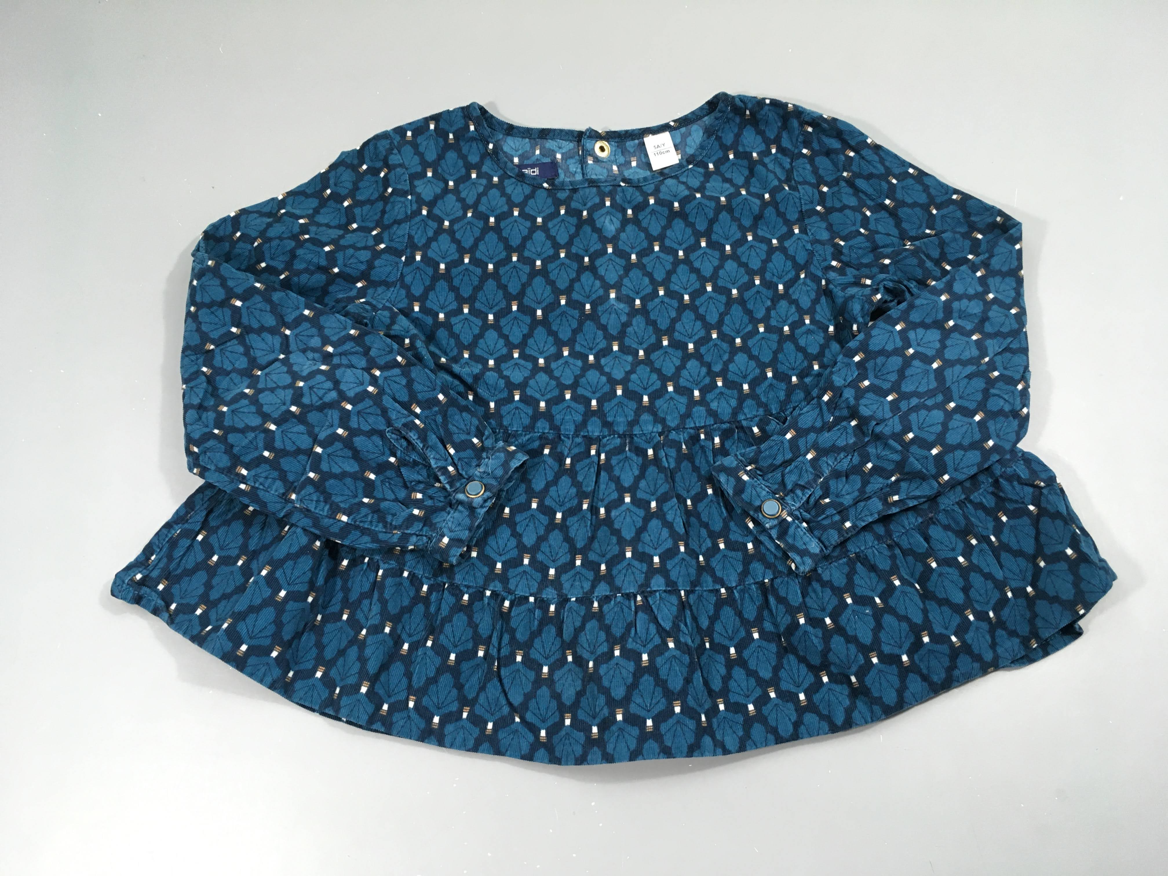 Blouse ml velours côtelé bleu feuilles