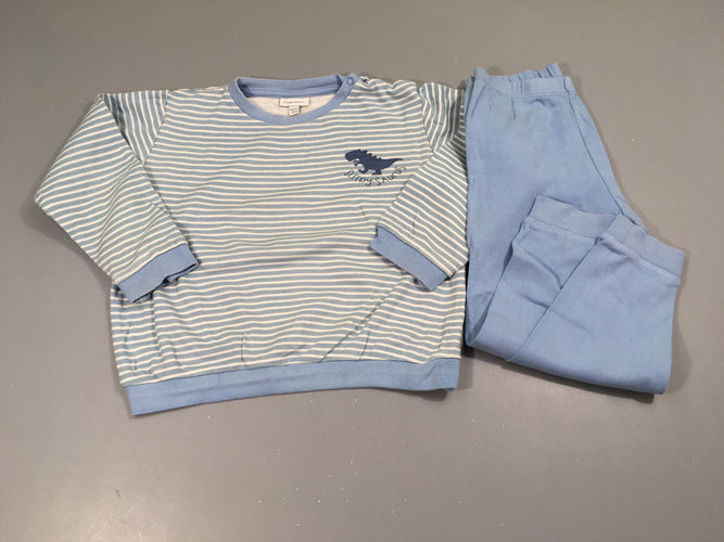 Pyjama 2pcs jersey bleu rayé blanc dino, moins cher chez Petit Kiwi