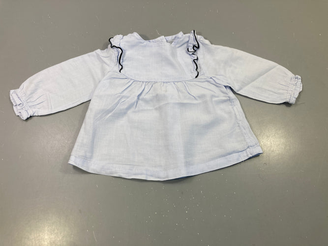 Blouse m.l bleu ciel, col volanté liseré noir, moins cher chez Petit Kiwi