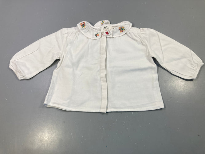 Blouse m.l blanche, col brodé fleurs, légèrement bouloché, moins cher chez Petit Kiwi