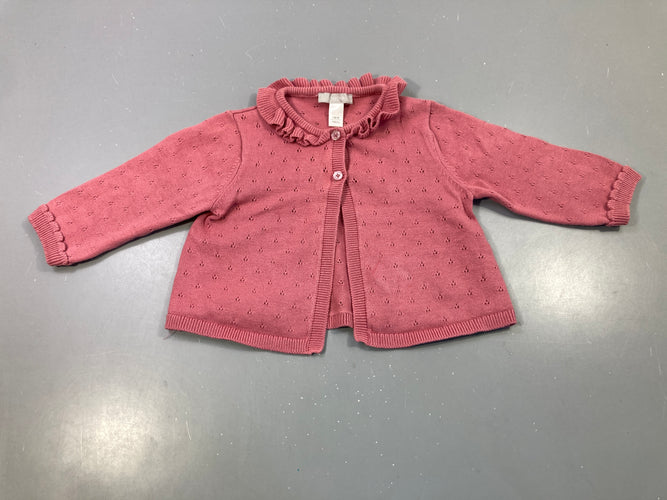 Gilet tricot rose ajouré, col volanté, moins cher chez Petit Kiwi