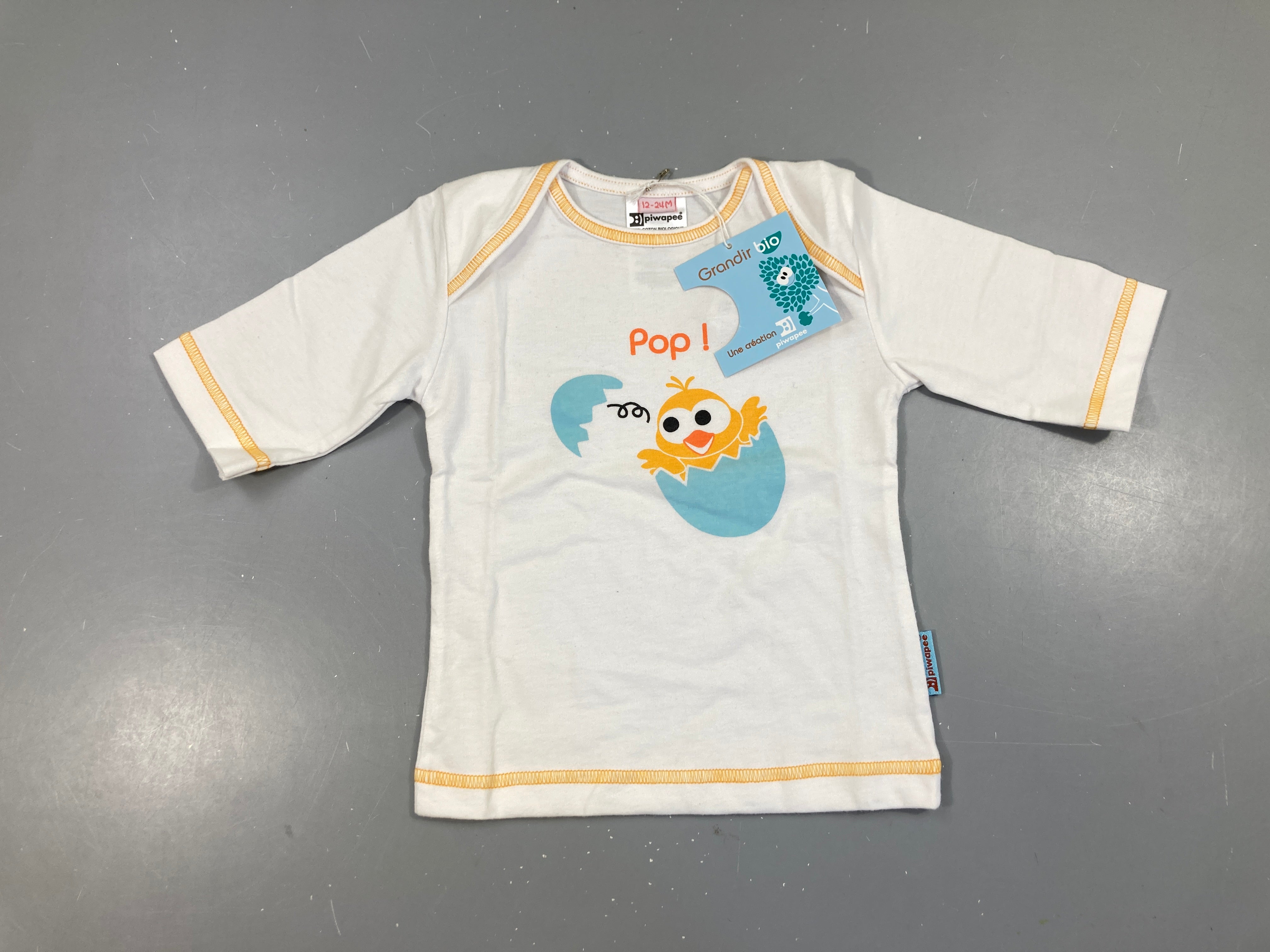 Neuf-T-shirt mi-manches blanc poussin Tiwapee 100% Coton organique
