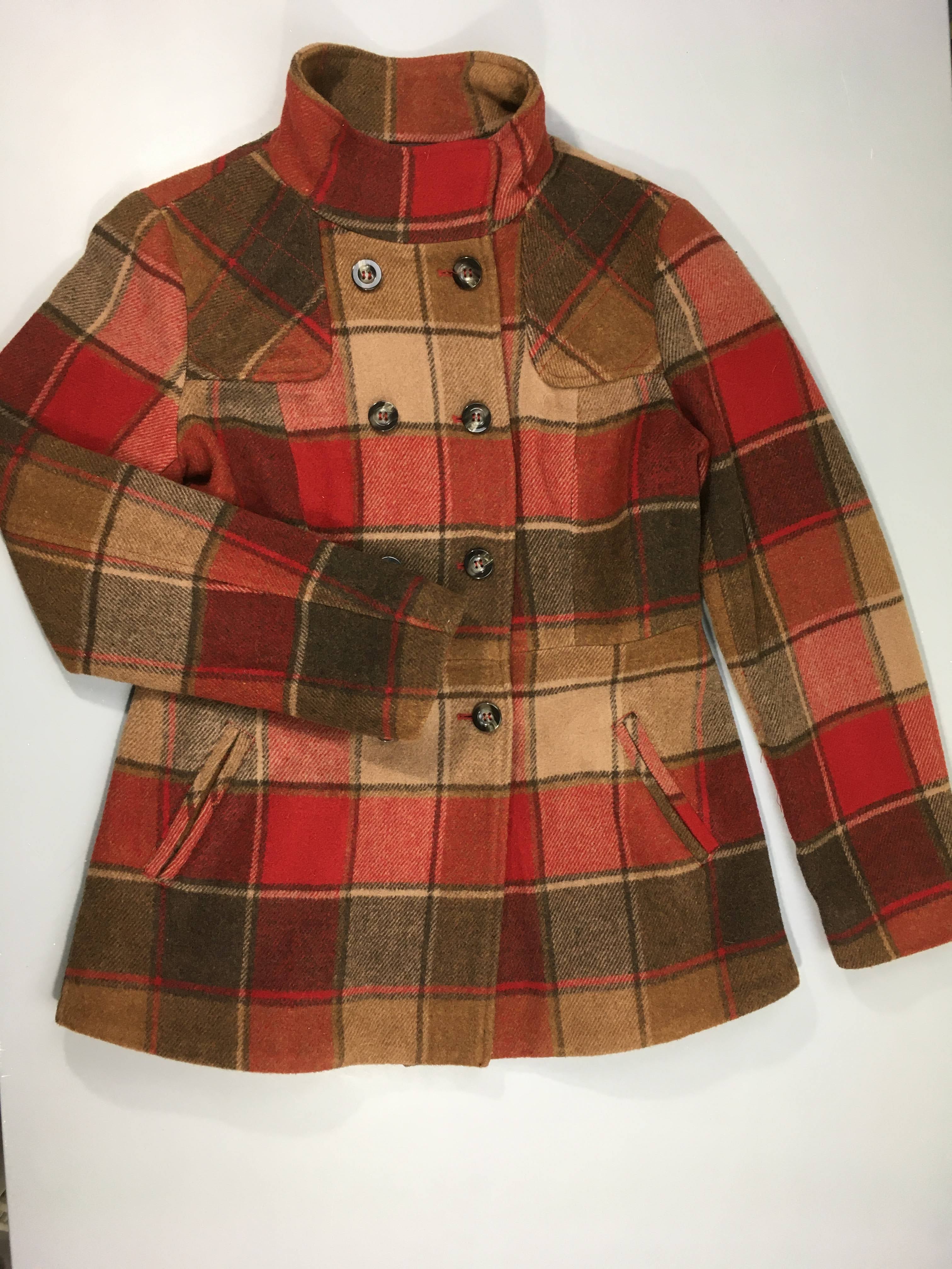 Etat neuf-Manteau Tweed à carreaux rouge-brun 10% laine