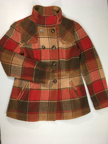 Etat neuf-Manteau Tweed à carreaux rouge-brun 10% laine, moins cher chez Petit Kiwi