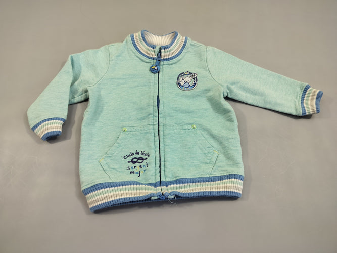 Gilet sweat  zippé bleu flammé  col, manches, blanc ligné, moins cher chez Petit Kiwi