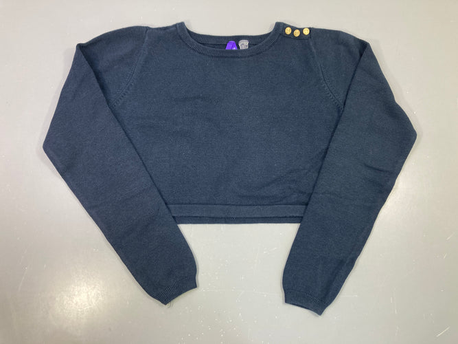Pull m.l court bleu marine, boutons dorés épaule, légèrement bouloché, moins cher chez Petit Kiwi