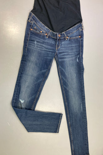 Jean skinny grossesse denim bleu délavé effet érraillé bandeau ventre, moins cher chez Petit Kiwi