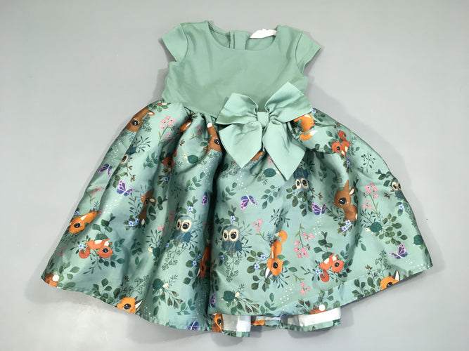Robe m.c bi-matière jersey vert bas satiné animaux forêt feuillage noeud, moins cher chez Petit Kiwi