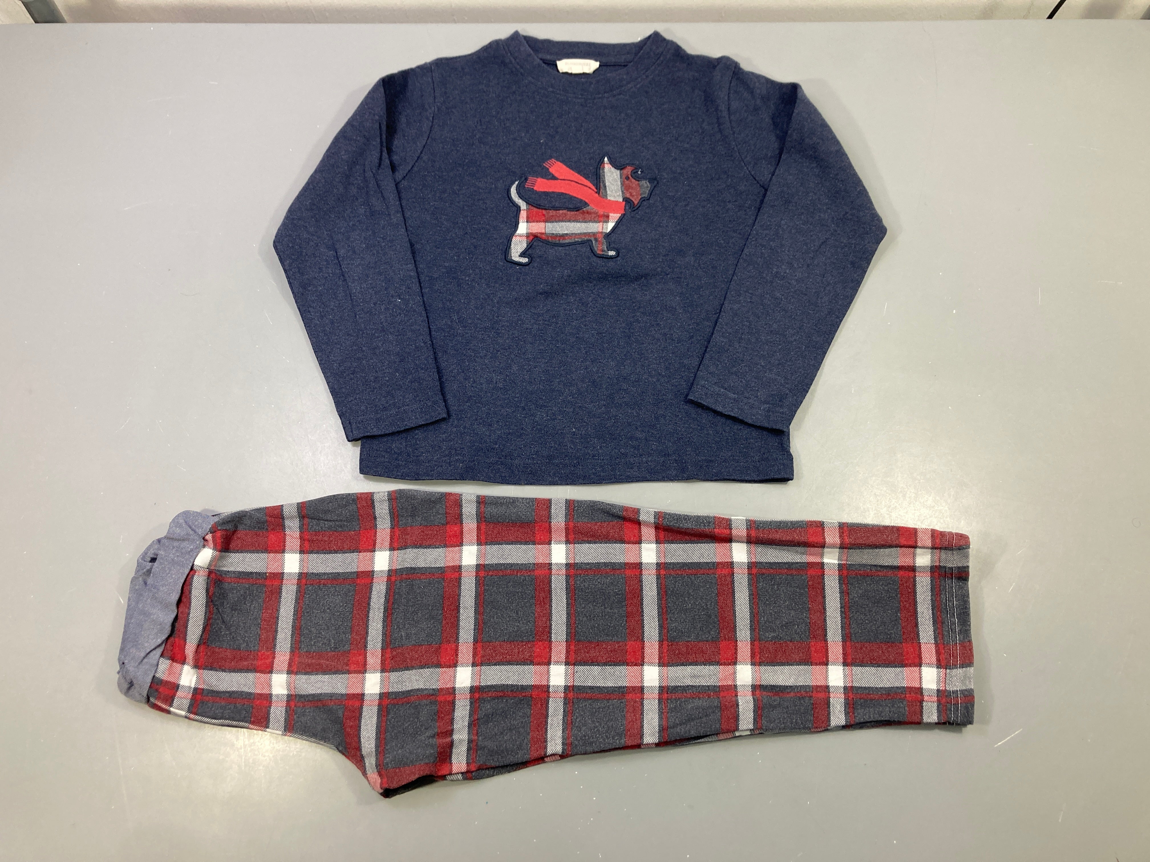 Pyjama 2pcs jersey bleu foncé chien Pantalon carreaux, légèrement bouloché