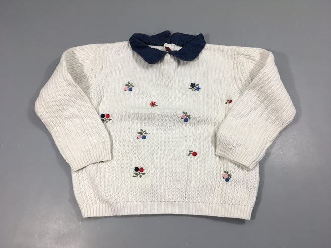 Pull blanc fleurs brodées, moins cher chez Petit Kiwi