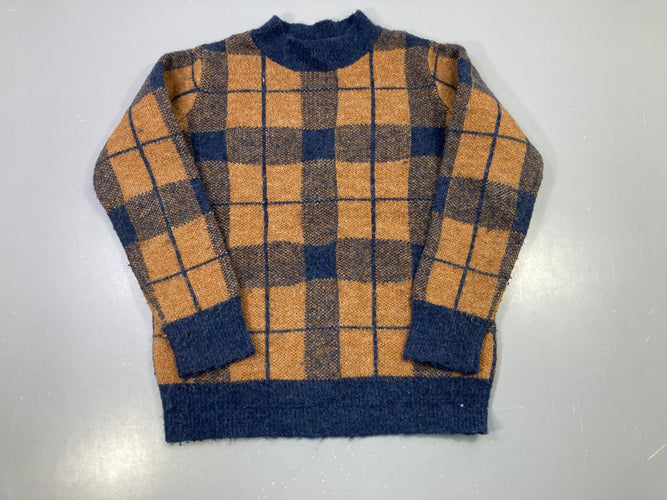 Pull carreaux brun/bleu foncé, 10% laine 6% alpaga, bouloché, moins cher chez Petit Kiwi