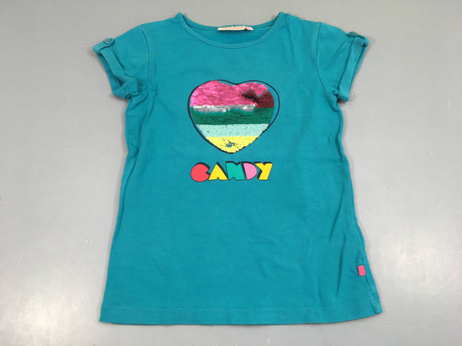 T-shirt m.c bleu coeur sequins arc-en-ciel, moins cher chez Petit Kiwi