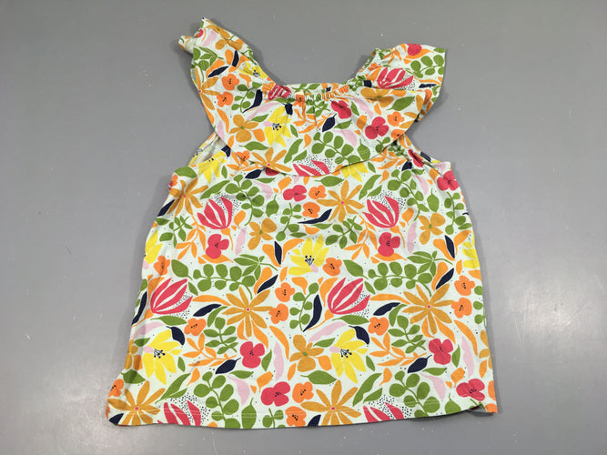 T-shirt m.c blanc fleuri vert-jaune orange col élastique, moins cher chez Petit Kiwi