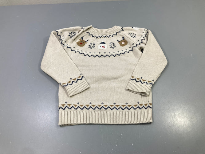 Pull écru jacquard rennes bonhomme de neige, moins cher chez Petit Kiwi