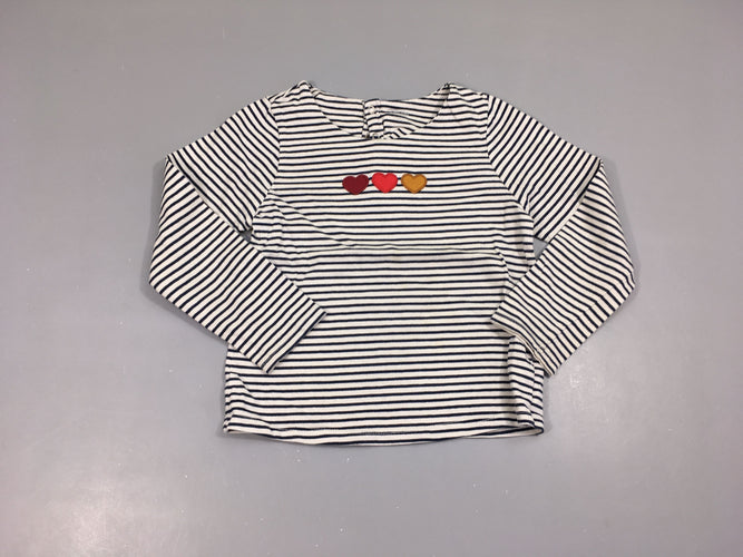 T-shirt m.l blanc rayé bleu marine coeurs, manche tachée, moins cher chez Petit Kiwi