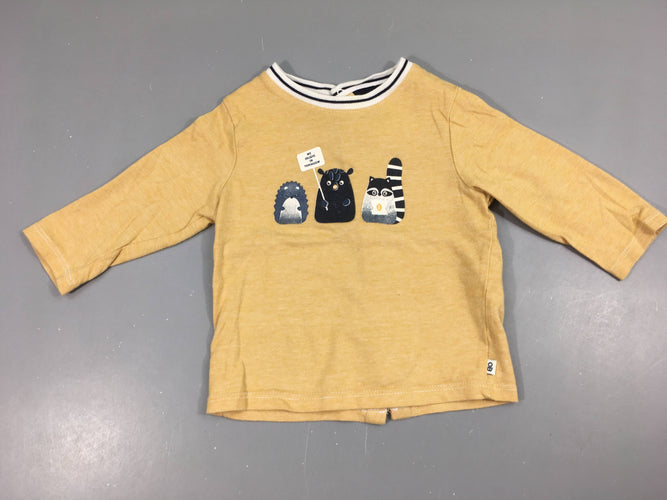 T-shirt m.l jaune rayé animaux, un peu bouloché, moins cher chez Petit Kiwi