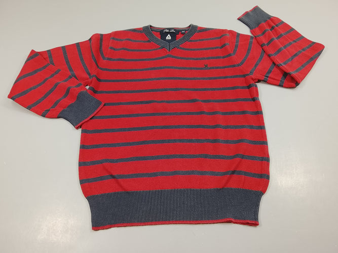 Pull rouge rayé bleu, très légèrement bouloché, moins cher chez Petit Kiwi