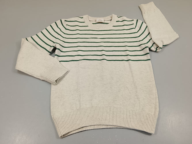 Pull écru chiné rayé vert, moins cher chez Petit Kiwi