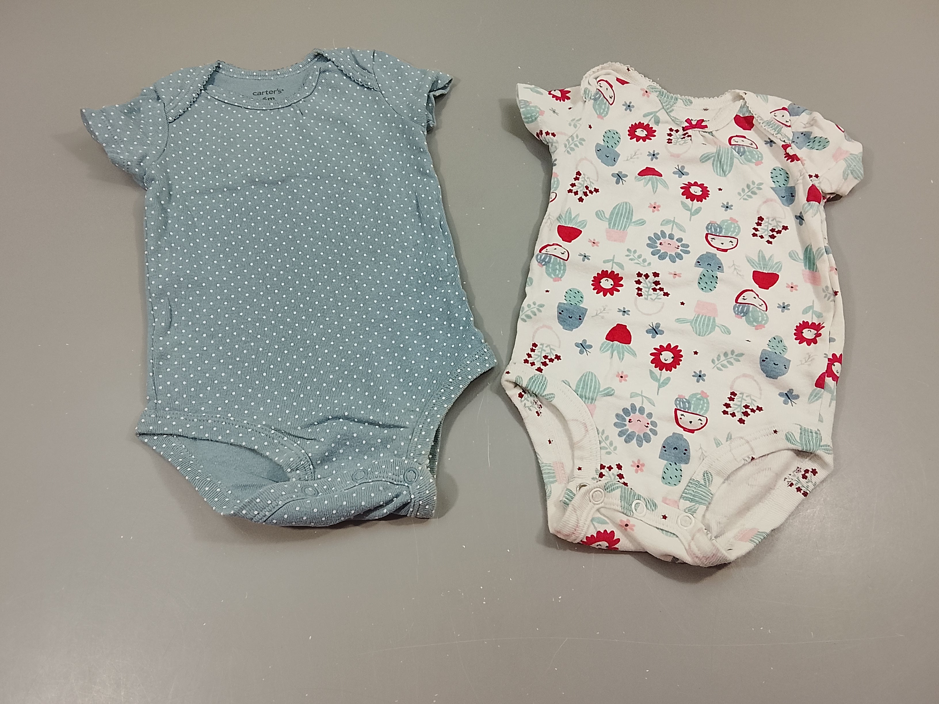 Lot de 2 bodies m.c 1 bleu à pois blancs et 1 blanc motifs fleurs, cactus,...