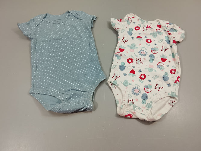 Lot de 2 bodies m.c 1 bleu à pois blancs et 1 blanc motifs fleurs, cactus,..., moins cher chez Petit Kiwi