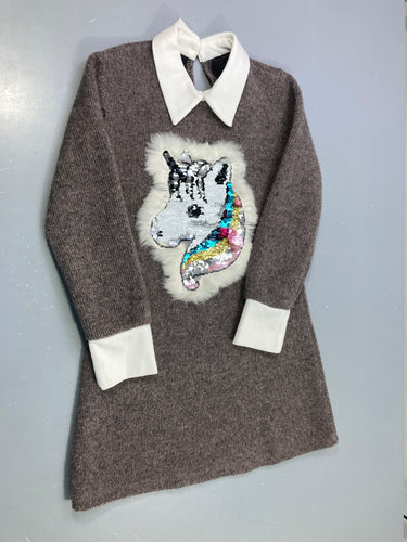 Robe pull m.l marron col blanc licorne sequins, moins cher chez Petit Kiwi