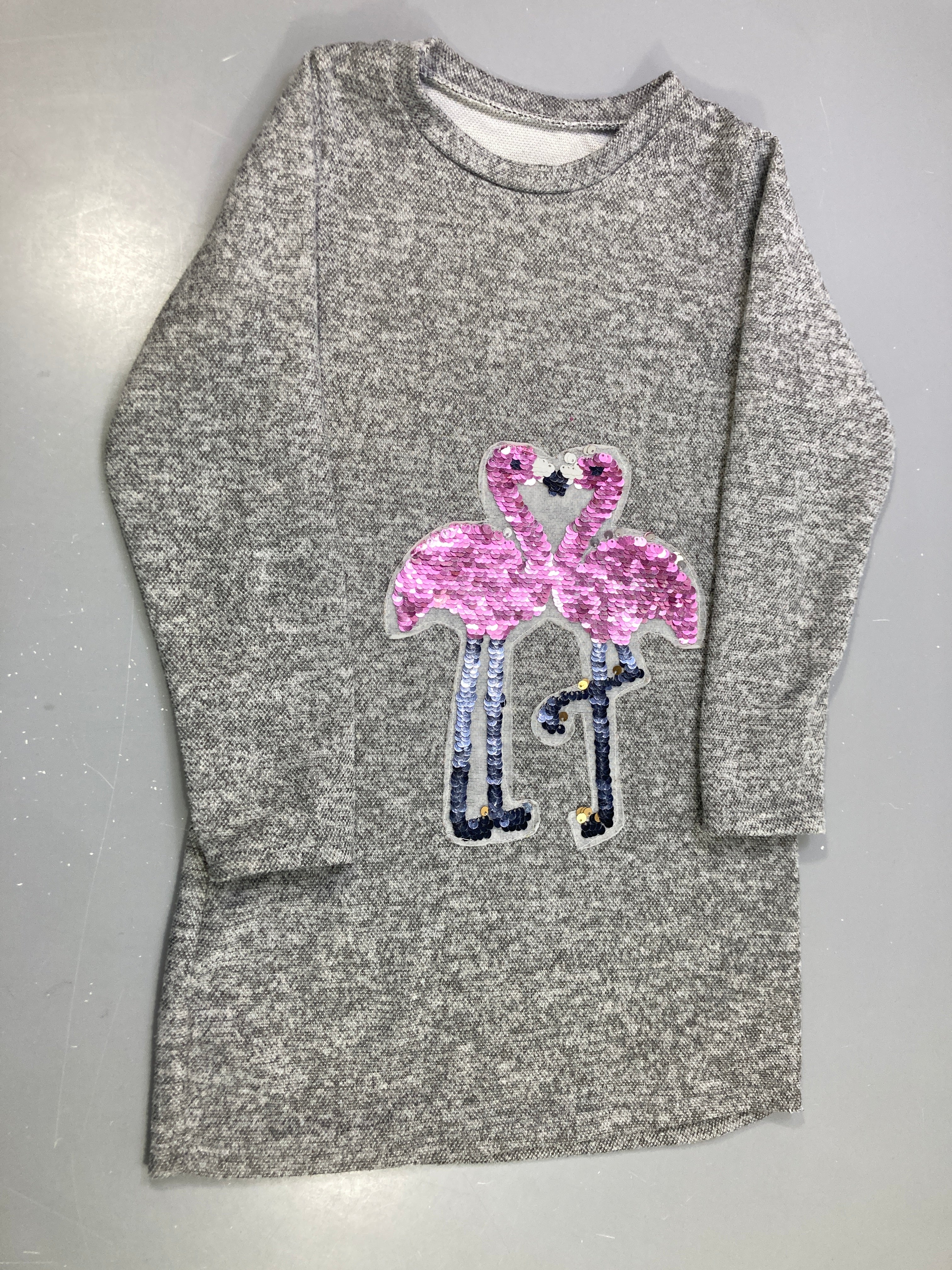 Robe pull m.l gris chiné sequins flamants roses