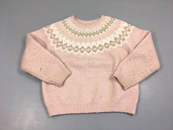Pull épais rose motifs doré/blanc, bouloché