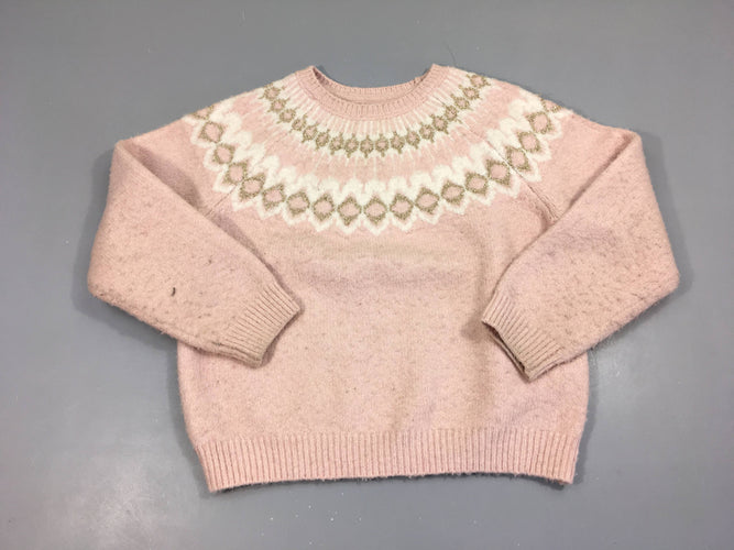 Pull épais rose motifs doré/blanc, bouloché, moins cher chez Petit Kiwi