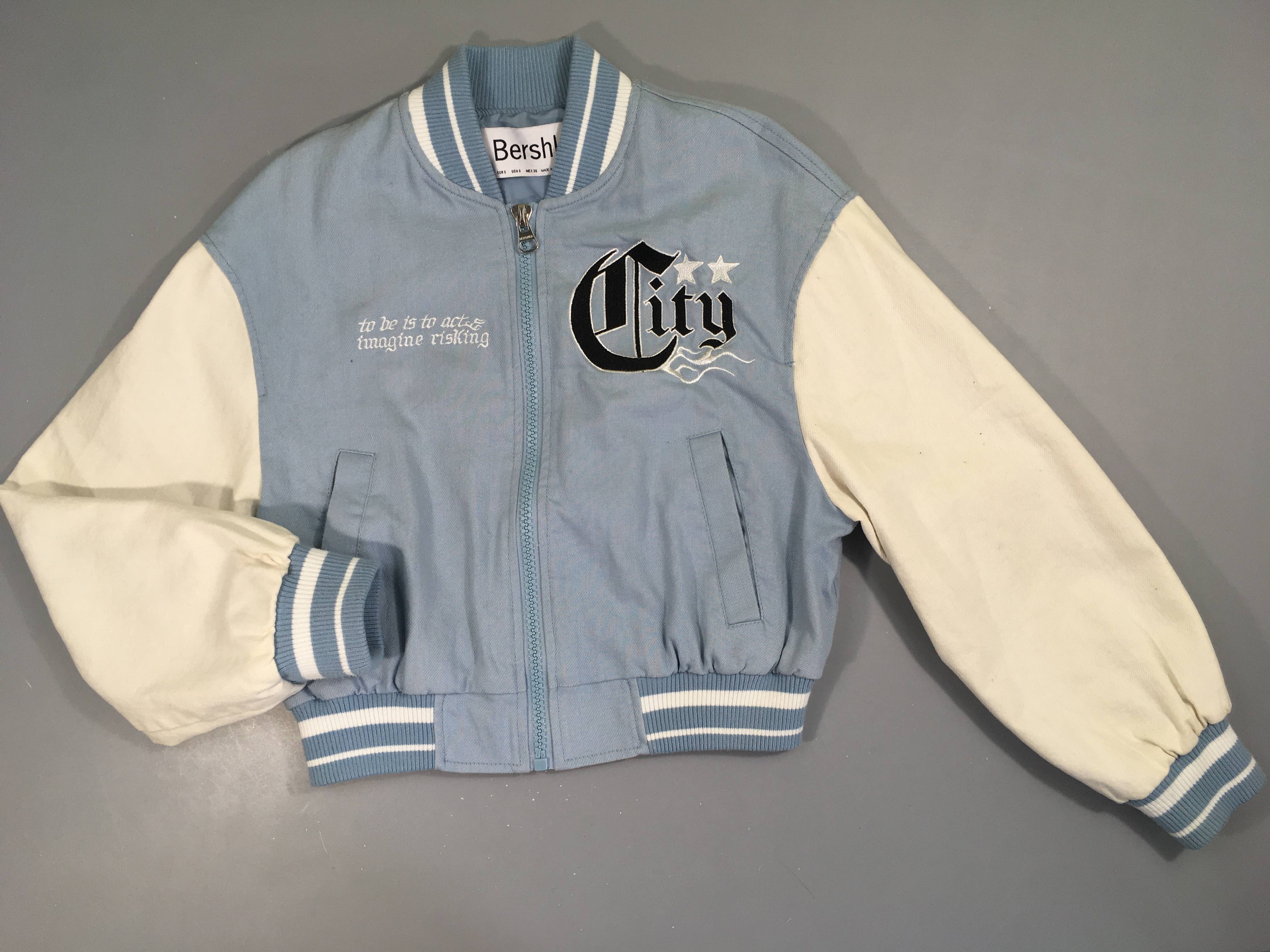 Veste court bomber zippée bleu clair/blanc City