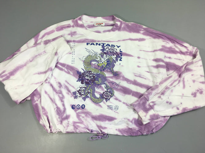Sweat court tie&dye blanc/mauve dragon, légèrement bouloché, moins cher chez Petit Kiwi