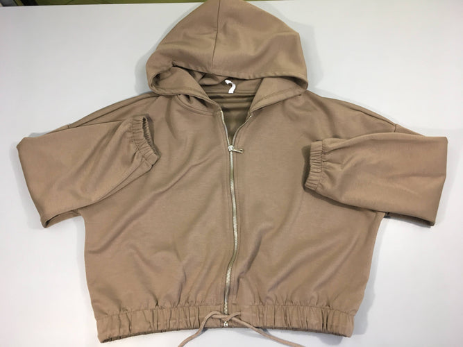Sweat court zippé taupe à capuche, légèrement bouloché, moins cher chez Petit Kiwi