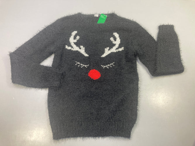 NEUF Pull peluche noir de Noël , tête de renne, moins cher chez Petit Kiwi
