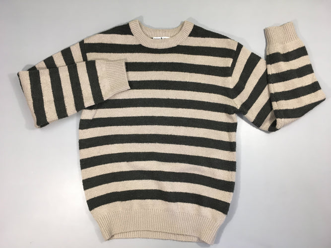 Pull rayé beige/gris foncé, légèrement bouloché, moins cher chez Petit Kiwi