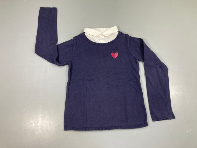 Pull bleu foncé effet superposé col chemise, moins cher chez Petit Kiwi