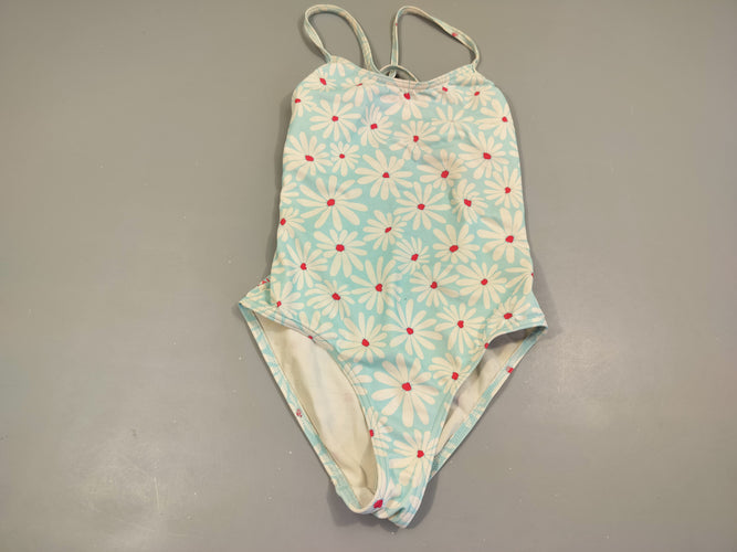 Maillot bleu clair, fleurs blanches . Bretelles croisées dans le dos. Pas de taille indiquée, estimée 7-8a, moins cher chez Petit Kiwi