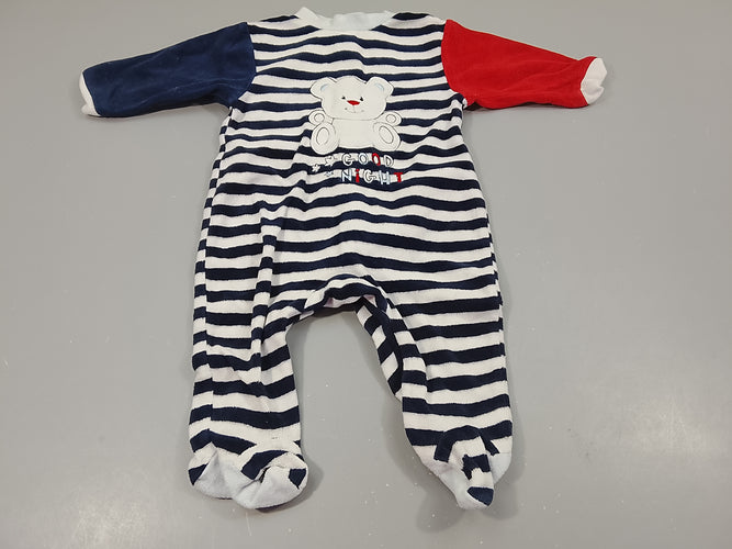 Pyjama velours blanc rayé bleu marine , ours blanc, moins cher chez Petit Kiwi