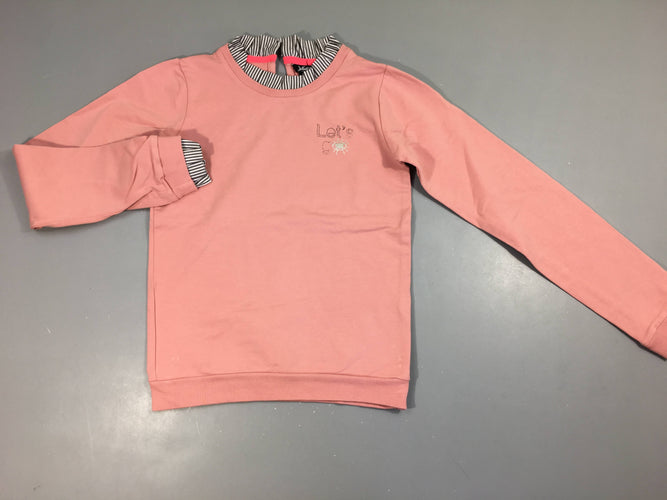 Pull Little miss Juliette rose clair avec faux col blanc ligné bleu marine "let's go", moins cher chez Petit Kiwi