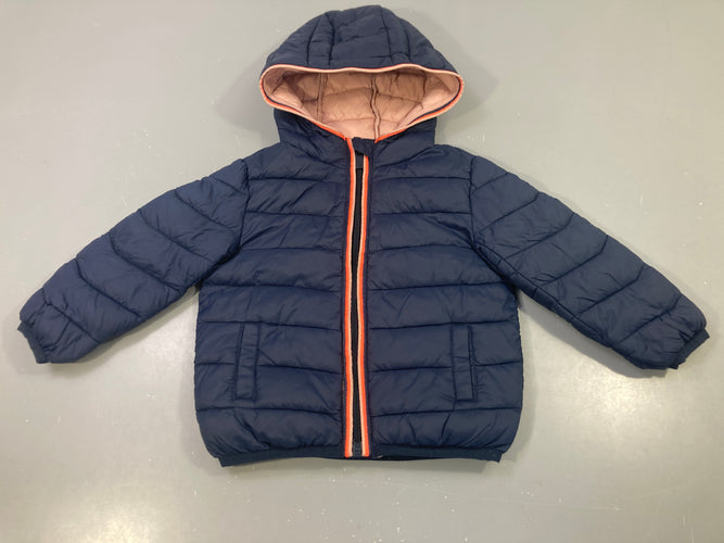 Doudoune zippée capuche bleu marine liseré orange, moins cher chez Petit Kiwi