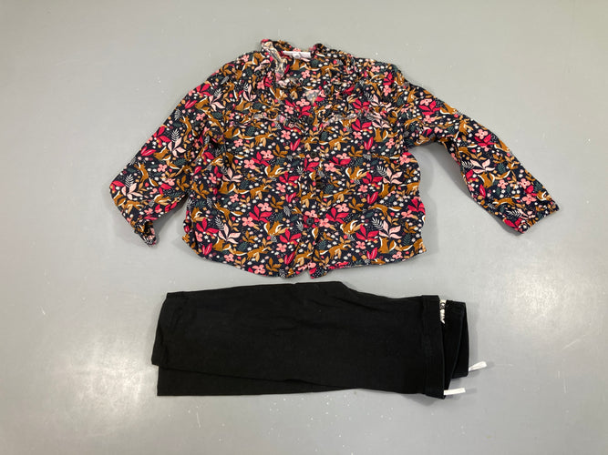 Blouse ml bleu marine fleurie rose + Legging noir, moins cher chez Petit Kiwi