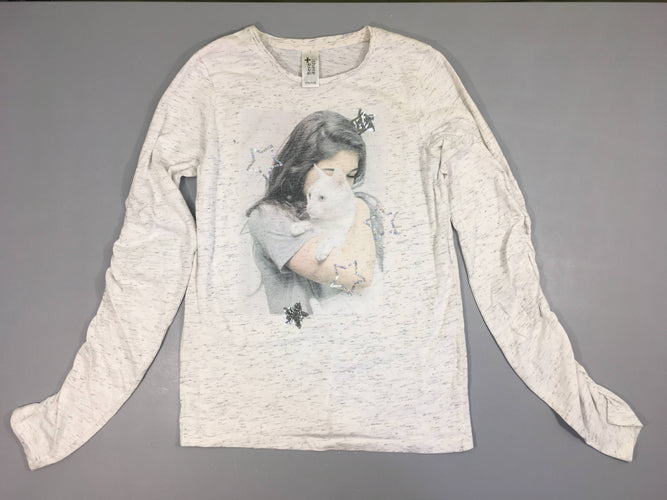 T-shirt m.l gris clair chiné fille chat étoiles sequins Bouloché, moins cher chez Petit Kiwi