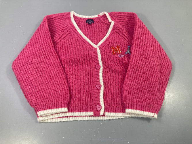 Gilet tricot rose fuchsia liseré écru Paris 17%Laine, moins cher chez Petit Kiwi