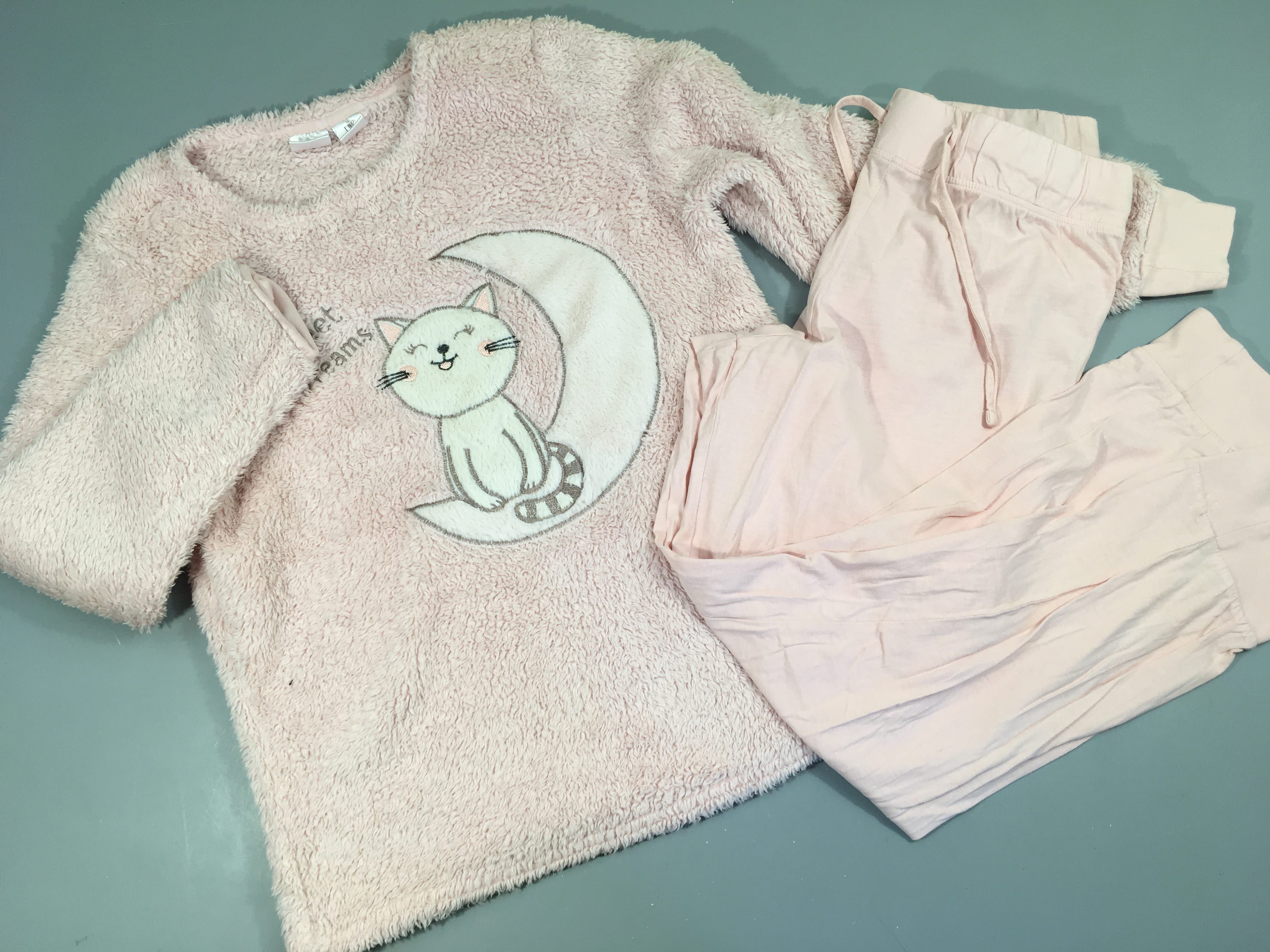 Pyjama 2 pcs peluche/jersey rose chat