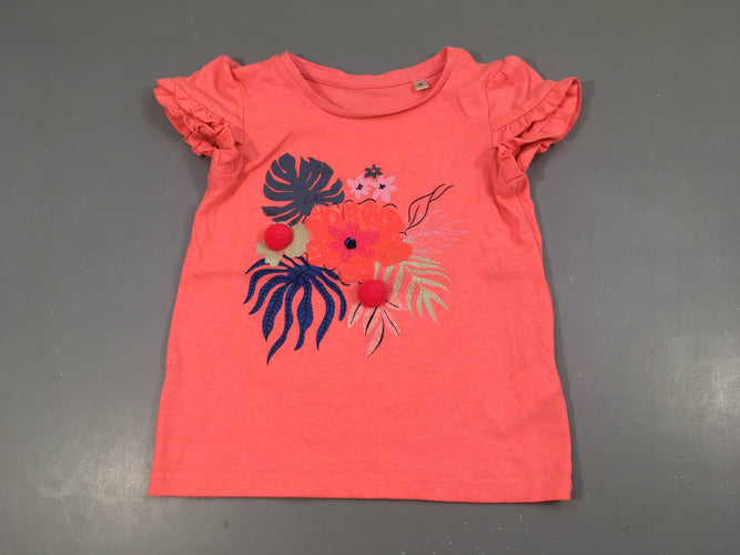 T-shirt m.c rose néon fleurs sequins froufrous bouloché, moins cher chez Petit Kiwi